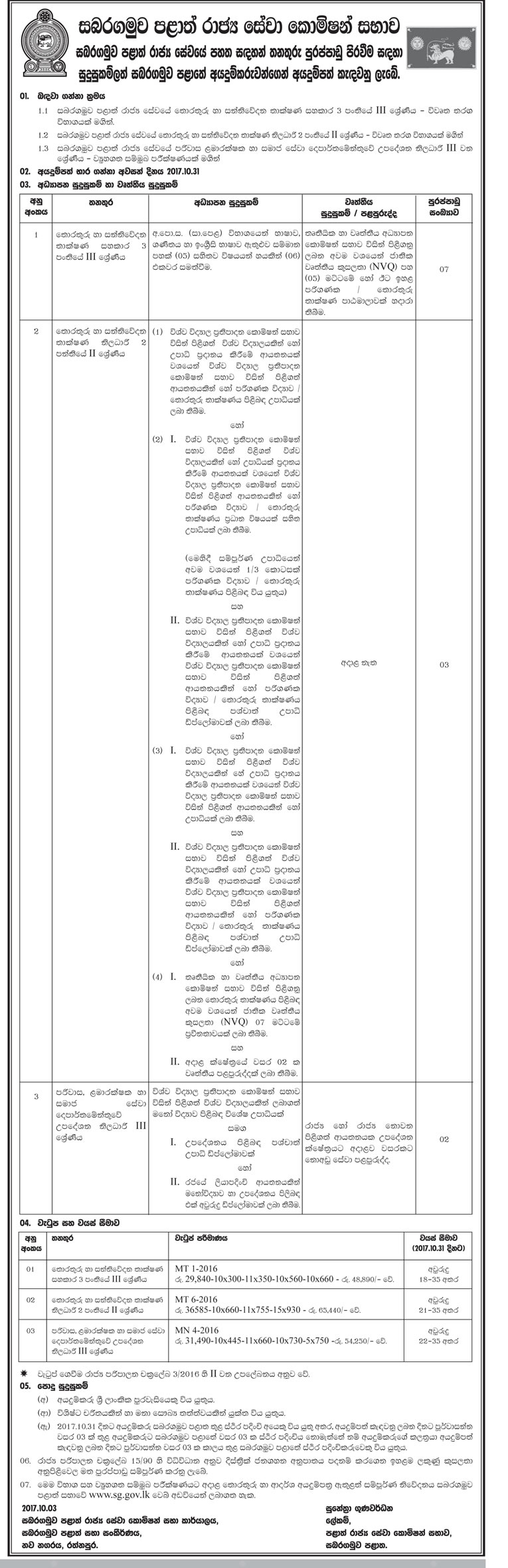 Information & Communication Technology Assistant, Information & Communication Technology Officer, Counseling Officer - Sabaragamuwa Provincial Public Service